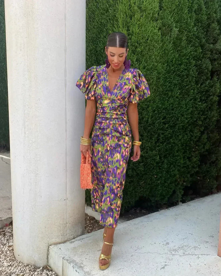 María | Vestido Elegante de Manga Abullonada con Escote en V