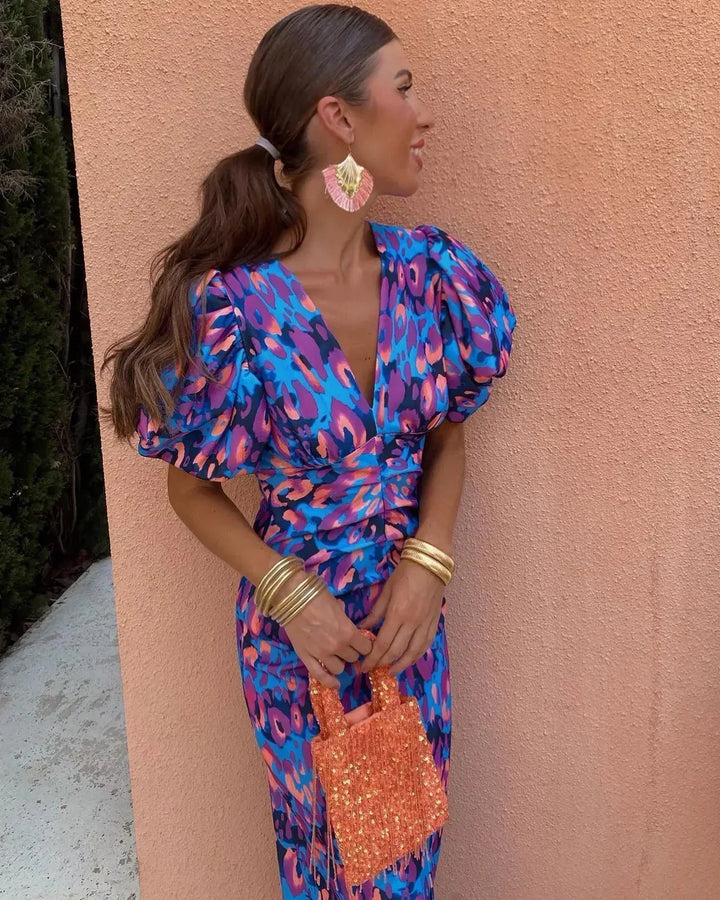 María | Vestido Elegante de Manga Abullonada con Escote en V