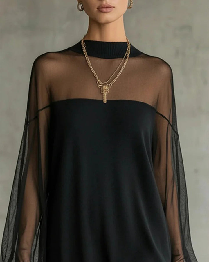 Lacy | Vestido de manga farol de color sólido con patchwork