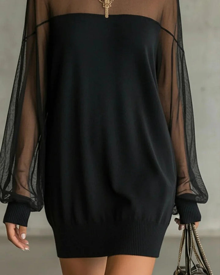 Lacy | Vestido de manga farol de color sólido con patchwork