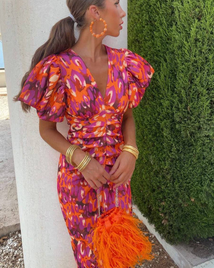 María | Vestido Elegante de Manga Abullonada con Escote en V