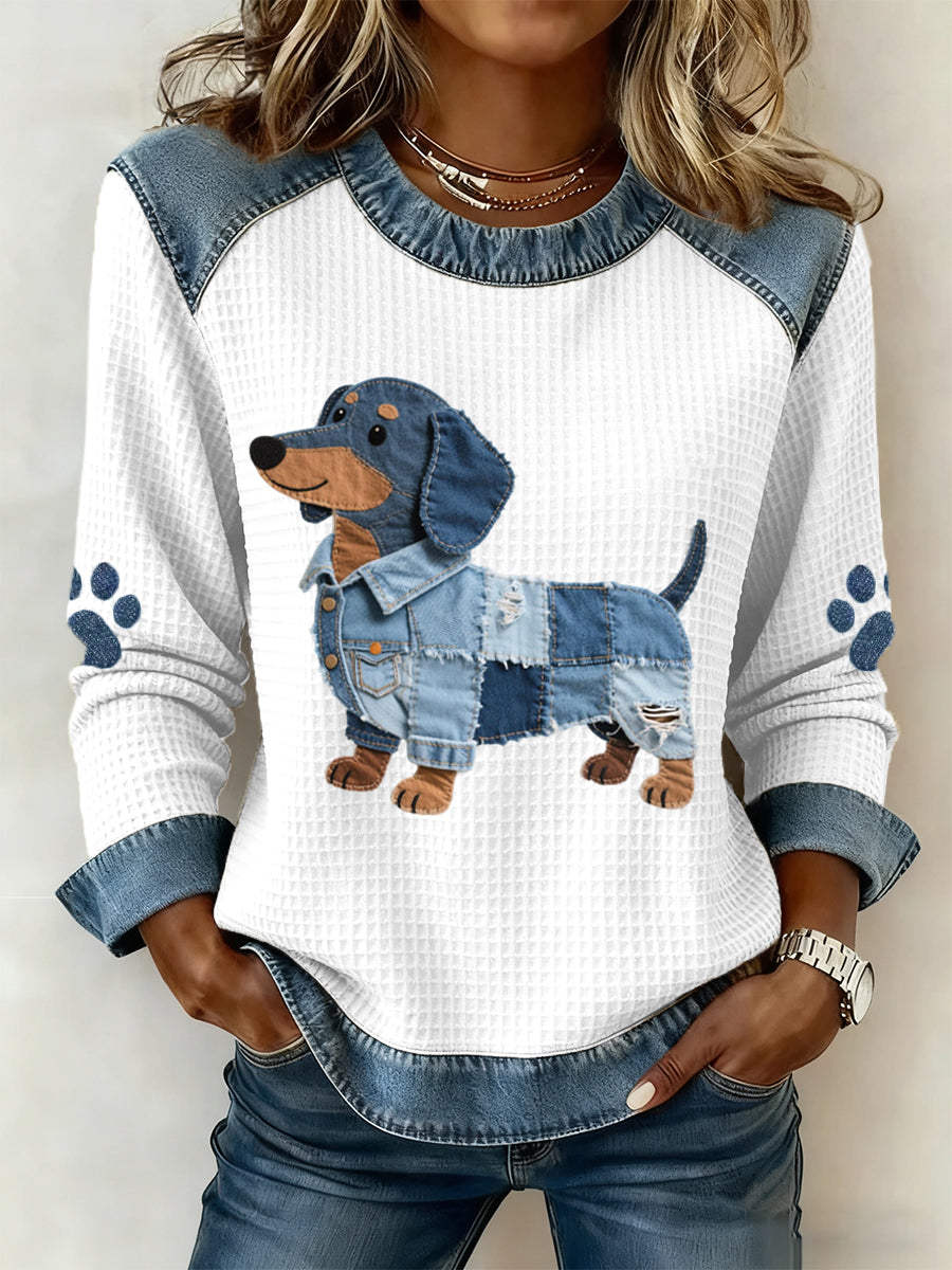 Julia - Perro salchicha encantador con patchwork denim